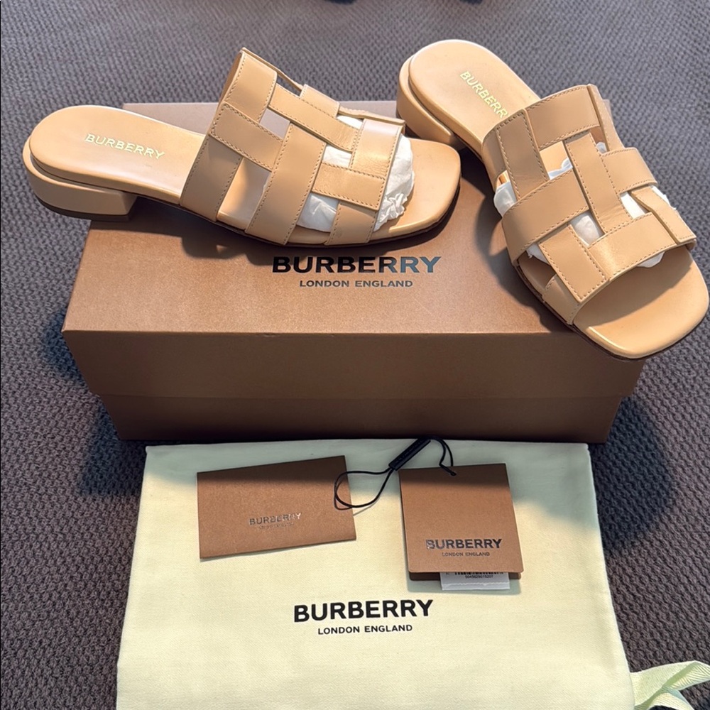 Burberry Tan and Cream Slide Sandals